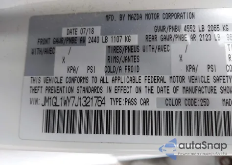 2018 Mazda Mazda6 Grand Touring Reserve z USA, uszkodzony, nr VIN JM1GL1WY7J1321764